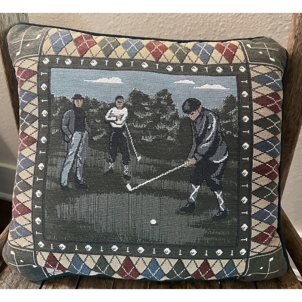 Vintage‎ Golf Throw Pillow Embroidered Tapestry Style 11"x11" Green Argyle Scott